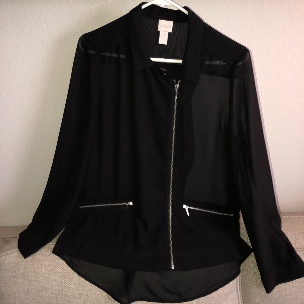 EUC Chico’s sheer black zippered top size 1